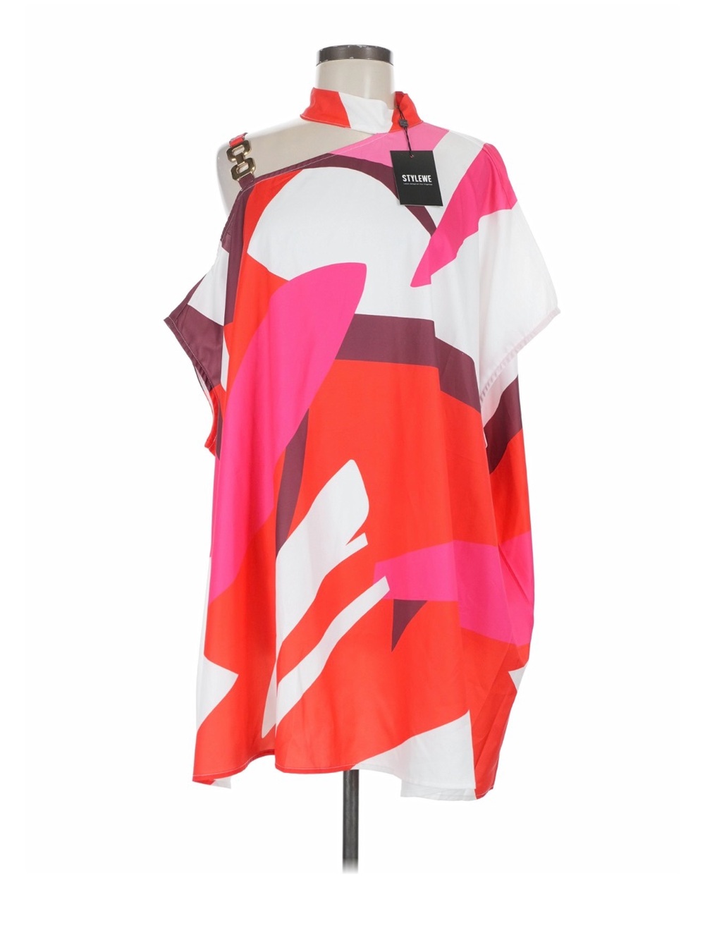 STYLEWE Bold Abstract One-Shoulder Dress in Red, Hot Pink & White